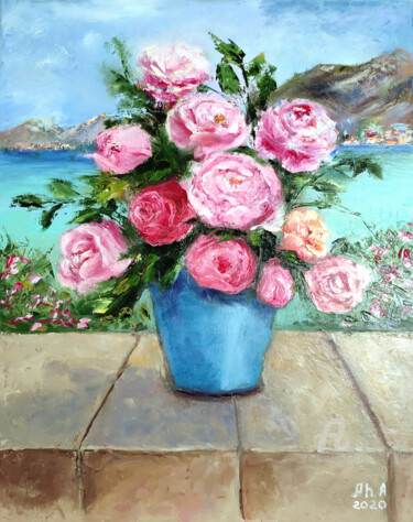 Pittura intitolato "Pink roses oil pain…" da Elena Gridneva, Opera d'arte originale, Olio