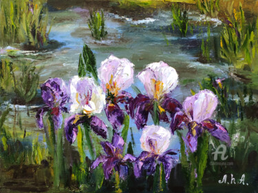 Pintura titulada "Irises oil painting" por Elena Gridneva, Obra de arte original, Oleo