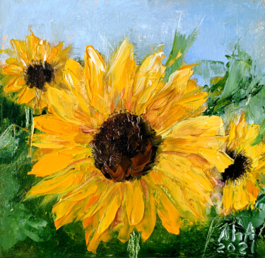 Painting titled "Sunflowers" by Elena Gridneva, Original Artwork, Oil