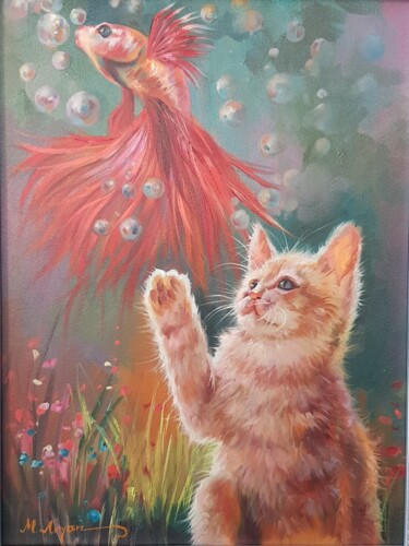 Peinture intitulée "Katze auf der Jagd" par Aryanpalet, Œuvre d'art originale, Huile Monté sur Châssis en bois