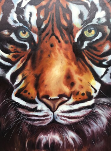Painting titled "A Tiger's Smirk" by Aryawansa Kumarasinghe, Original Artwork, Oil Mounted on Wood Stretcher frame