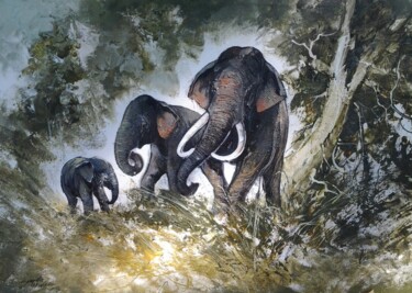 Картина под названием "Elephants in the Wi…" - Aryawansa Kumarasinghe, Подлинное произведение искусства, Акрил Установлен на…