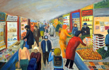 「Market」というタイトルの絵画 Asherによって, オリジナルのアートワーク, オイル ウッドストレッチャーフレームにマウント