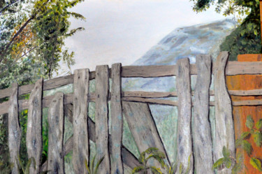 Painting titled "Old wood fence" by Asher, Original Artwork, Oil Mounted on Wood Stretcher frame