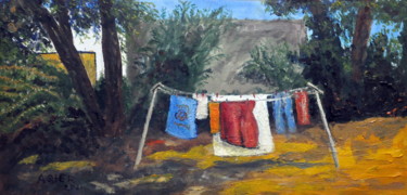 Painting titled "Laundry" by Asher, Original Artwork, Oil