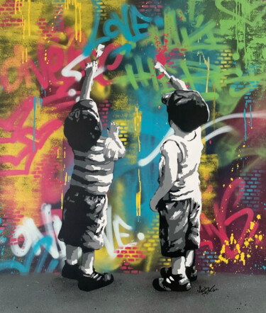 Malarstwo zatytułowany „Graff Kids” autorstwa Asko, Oryginalna praca, Akryl Zamontowany na Drewniana rama noszy