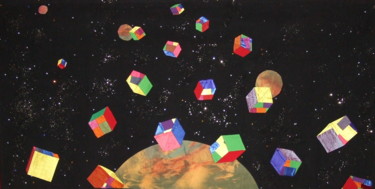 「Cubes Volants Non I…」というタイトルのテキスタイルアート Jean Pierre Avonts-Saint-Lagerによって, オリジナルのアートワーク, ファブリック