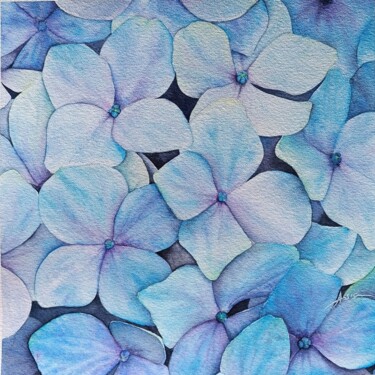 Schilderij getiteld "Hortensia de Phtalo" door Assia Benkahoul, Origineel Kunstwerk, Aquarel