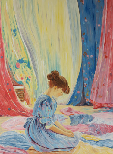 Картина под названием "Le linge" - Astrid Honoré, Подлинное произведение искусства, Акрил Установлен на Деревянная рама для…