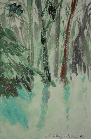 Pintura titulada "L'Hiver, forêt." por Nathalia Chipilova, Obra de arte original, Gouache