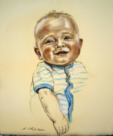 Dessin intitulée "Bébé en chemise ble…" par Nathalia Chipilova, Œuvre d'art originale, Pastel