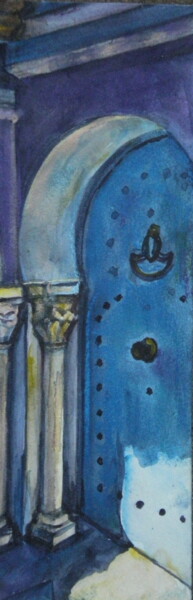 Painting titled "Porte bleue" by Nathalia Chipilova, Original Artwork, Watercolor Mounted on Cardboard