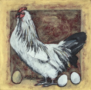 Peinture intitulée "Poule blanche et l'…" par Nathalia Chipilova, Œuvre d'art originale, Acrylique