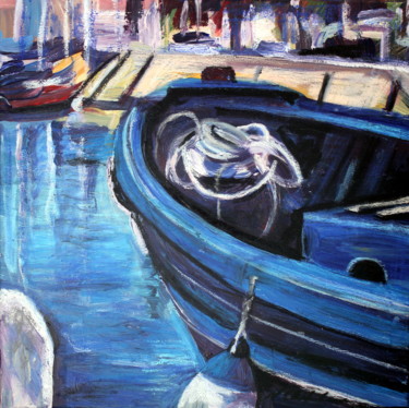 Pintura intitulada "Barque bleue au por…" por Nathalia Chipilova, Obras de arte originais, Acrílico