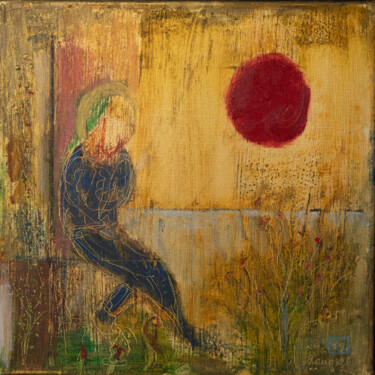 Schilderij getiteld "Red sun" door Attila Hangyal, Origineel Kunstwerk, Krijt