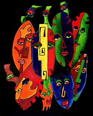 Painting titled "Masks" by Attila Papp-Ragany, Original Artwork, Oil Mounted on Wood Panel