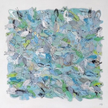 Peinture intitulée "Carre poissons bleu…" par Aude Billerot, Œuvre d'art originale, Acrylique