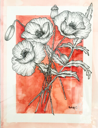 Tekening getiteld "Coquelicots" door Mzelle Cecca Artwork, Origineel Kunstwerk, Marker