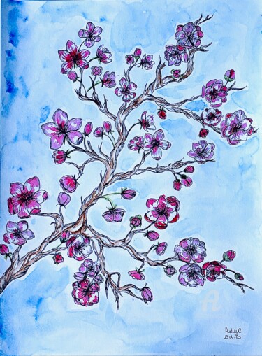 Disegno intitolato "branche de cerisier" da Mzelle Cecca Artwork, Opera d'arte originale, Acquarello