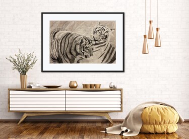 Rysunek zatytułowany „les deux tigres” autorstwa Audrey Letheux, Oryginalna praca, Węgiel drzewny Zamontowany na Karton