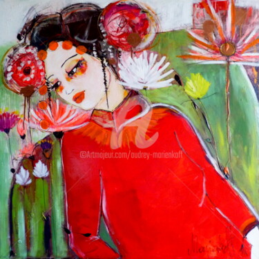 Painting titled "Pivoine" by Audrey Marienkoff, Original Artwork, Acrylic Mounted on Wood Stretcher frame