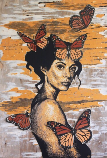 Druckgrafik mit dem Titel "Les monarques" von Aurélie Charpentier (ACH), Original-Kunstwerk, Gravur Auf Holzplatte montiert