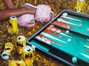 Painting titled "Apéro Backgammon" by Aurélie Quentin, Original Artwork, Oil Mounted on Wood Stretcher frame