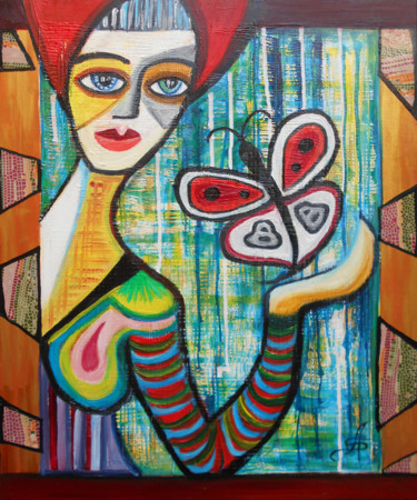 Malarstwo zatytułowany „La Femme au papillon” autorstwa Aurélie Sarrazin, Oryginalna praca, Olej
