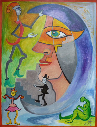 Malerei mit dem Titel "Visite lunaire" von Aurélie Sarrazin, Original-Kunstwerk, Acryl