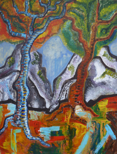 Schilderij getiteld "Deux Arbres" door Aurélie Sarrazin, Origineel Kunstwerk, Acryl