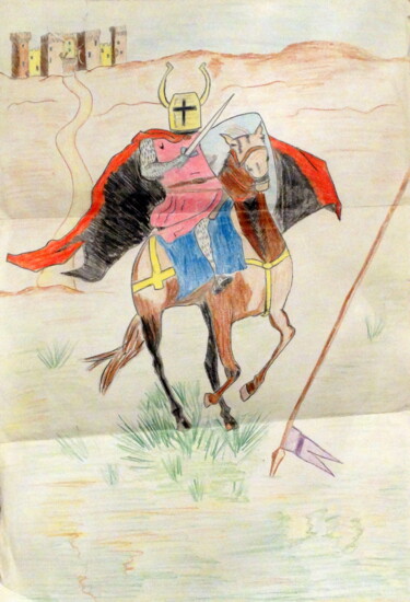 Rysunek zatytułowany „Cavaliere Medioevale” autorstwa Aurelio Nicolazzo, Oryginalna praca, Conté