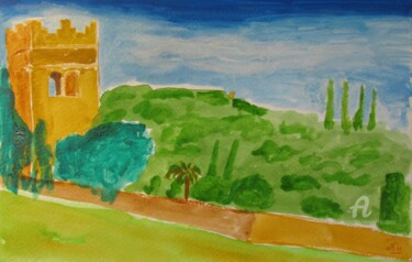 Painting titled "Paesaggio con Torre" by Aurelio Nicolazzo, Original Artwork, Watercolor