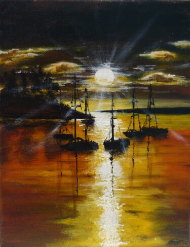 Painting titled "Bateaux au crépuscu…" by Aurore Griffon, Original Artwork, Acrylic Mounted on Wood Stretcher frame