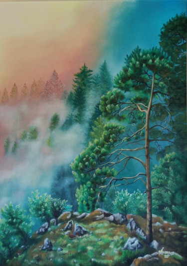 Pintura titulada "The Misty Sunrise" por Ausra Manamangas, Obra de arte original, Oleo Montado en Bastidor de camilla de mad…