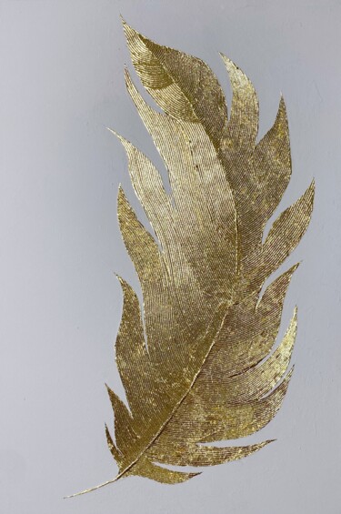Malarstwo zatytułowany „Golden angel feather” autorstwa Valeriya Avtukhova, Oryginalna praca, Akryl Zamontowany na Drewniana…