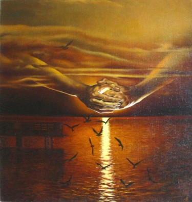 Pintura intitulada "Seagulls at Sunset.…" por Vladimir Abaimov, Obras de arte originais, Óleo