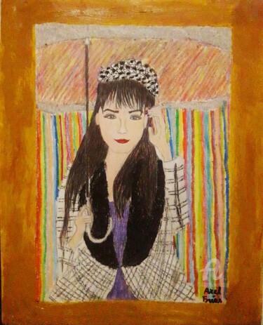 Painting titled "Chica con paraguas…" by Axel Frías, Original Artwork, Pastel Mounted on Glass
