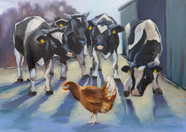 Pittura intitolato "Cows looking at chi…" da Axel Jung, Opera d'arte originale, Olio Montato su Telaio per barella in legno