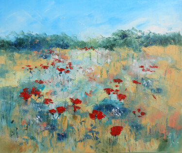 Painting titled "Coquelicots en fin…" by Axelle Bosler, Original Artwork, Oil Mounted on Wood Stretcher frame