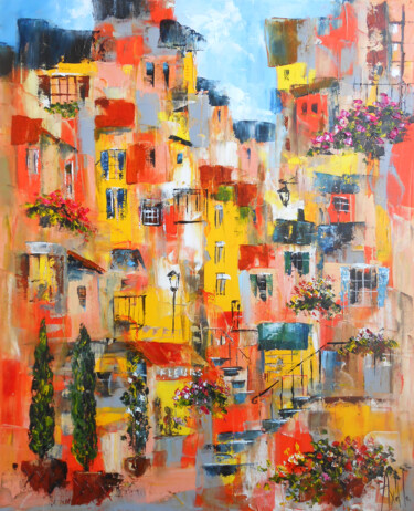 Painting titled "Village du Sud" by Axelle Bosler, Original Artwork, Oil Mounted on Wood Stretcher frame