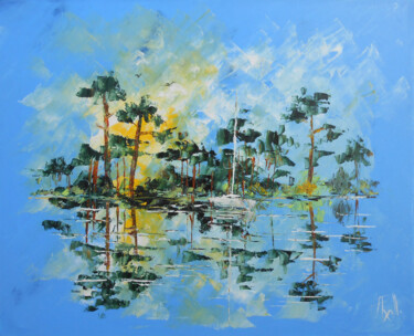 Schilderij getiteld "Lac Landais" door Axelle Bosler, Origineel Kunstwerk, Olie Gemonteerd op Frame voor houten brancard