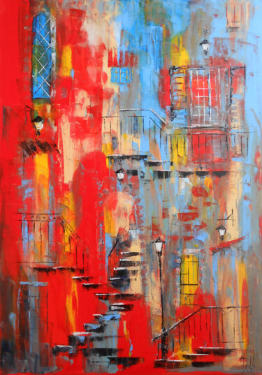 Pittura intitolato "Ville rouge" da Axelle Bosler, Opera d'arte originale, Olio Montato su Telaio per barella in legno