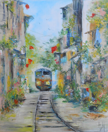 Картина под названием "Rue ferroviaire d'H…" - Axelle Bosler, Подлинное произведение искусства, Масло Установлен на Деревянн…