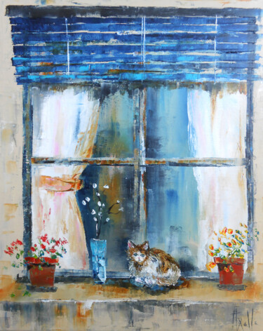 Pintura titulada "Le Chat à la fenêtre" por Axelle Bosler, Obra de arte original, Oleo Montado en Bastidor de camilla de mad…