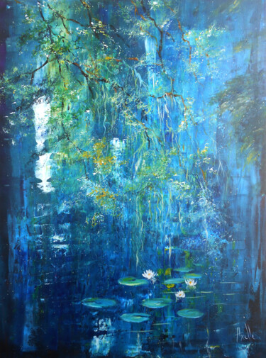 Painting titled "La Mare aux Nénupha…" by Axelle Bosler, Original Artwork, Acrylic Mounted on Wood Stretcher frame