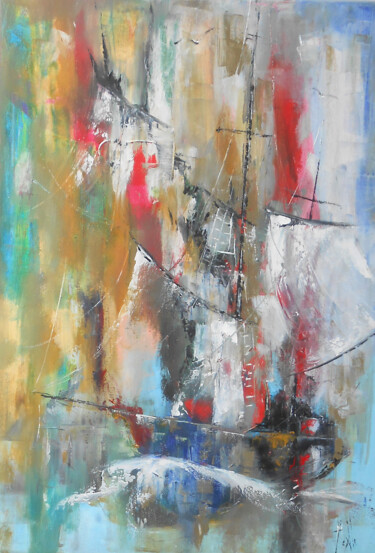 Schilderij getiteld "L'Ombre du Corsaire" door Axelle Bosler, Origineel Kunstwerk, Olie Gemonteerd op Frame voor houten bran…