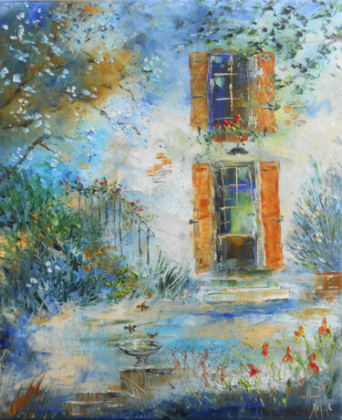 Painting titled "La Fontaine aux ois…" by Axelle Bosler, Original Artwork, Oil Mounted on Wood Stretcher frame