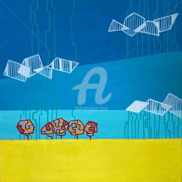 「Landscape with Stic…」というタイトルの絵画 Ayhan Çeli̇Kによって, オリジナルのアートワーク, アクリル ウッドストレッチャーフレームにマウント