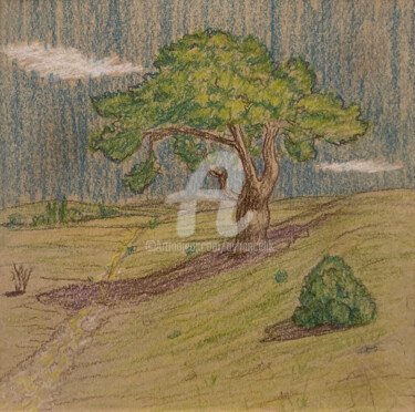 Drawing titled "LANDSCAPE SKETCH 03" by Ayhan Çeli̇K, Original Artwork, Pastel Mounted on Wood Panel