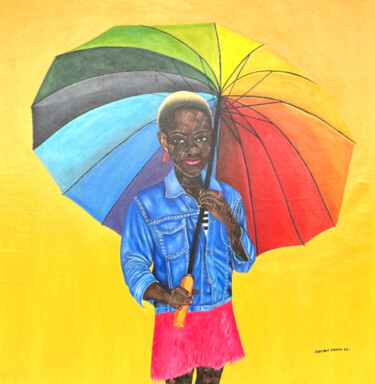Painting titled "Girl with umbrella" by Ayotunde Ayomide, Original Artwork, Acrylic